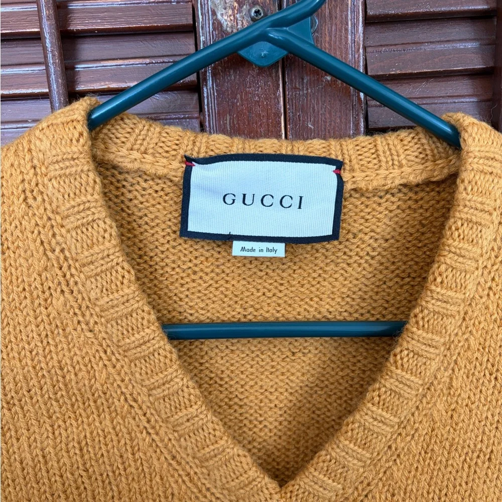 Gucci Mustard Yellow V-Neck Wool Sweater